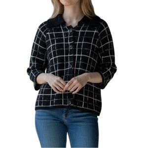Coldwater Creek Collared Cardigan Windowpane Black size M